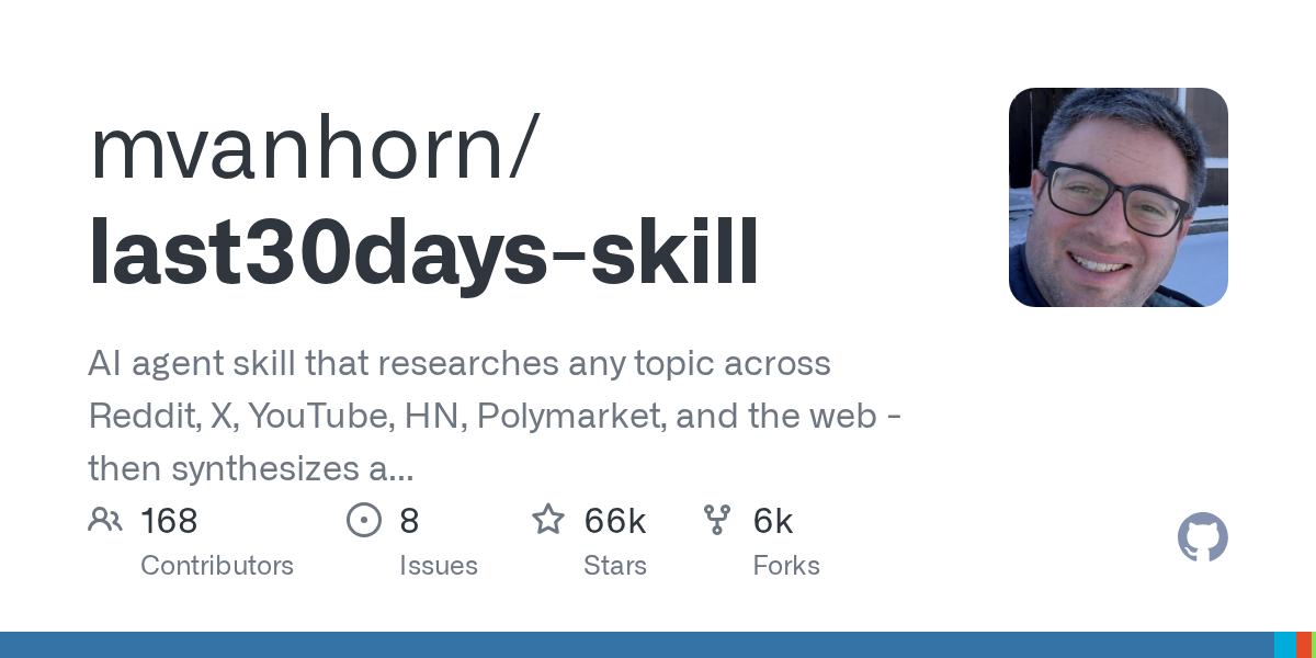 Related image for last30days, an agent skill that researches a topic across Reddit, X, YouTube, and the web