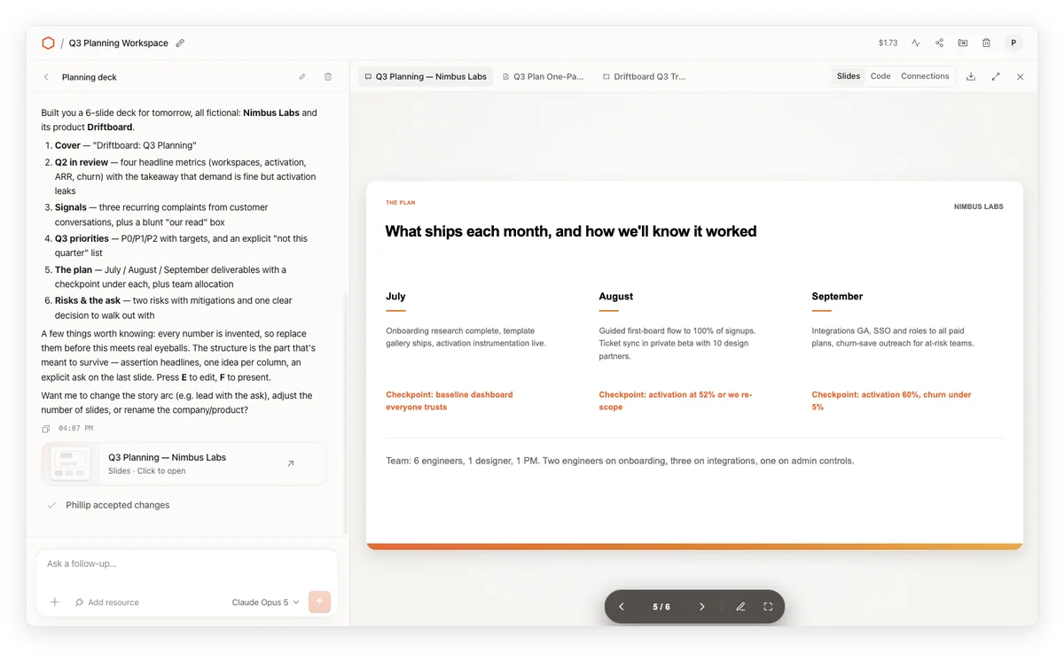 Cloudflare OS のワークスペース画面。左のチャットでエージェントと会話し、右側に生成された Q3 計画のスライド資料が表示されている